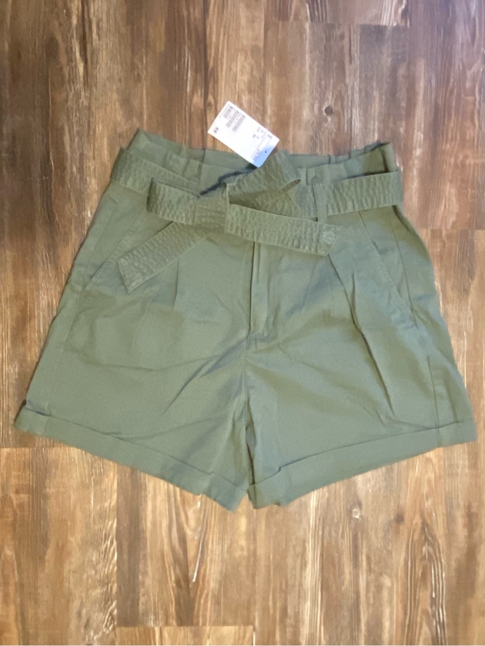 H&M Olive High-Waist Paperbag Shorts with Tie Belt